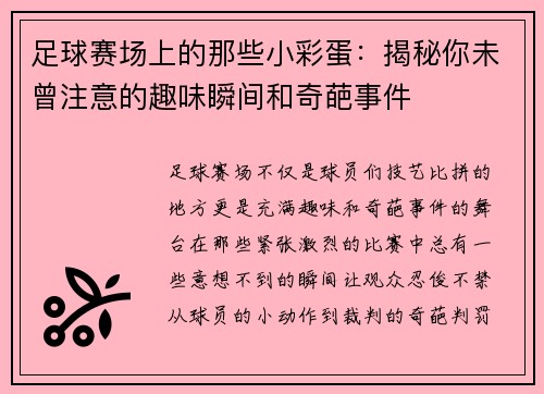 足球赛场上的那些小彩蛋：揭秘你未曾注意的趣味瞬间和奇葩事件